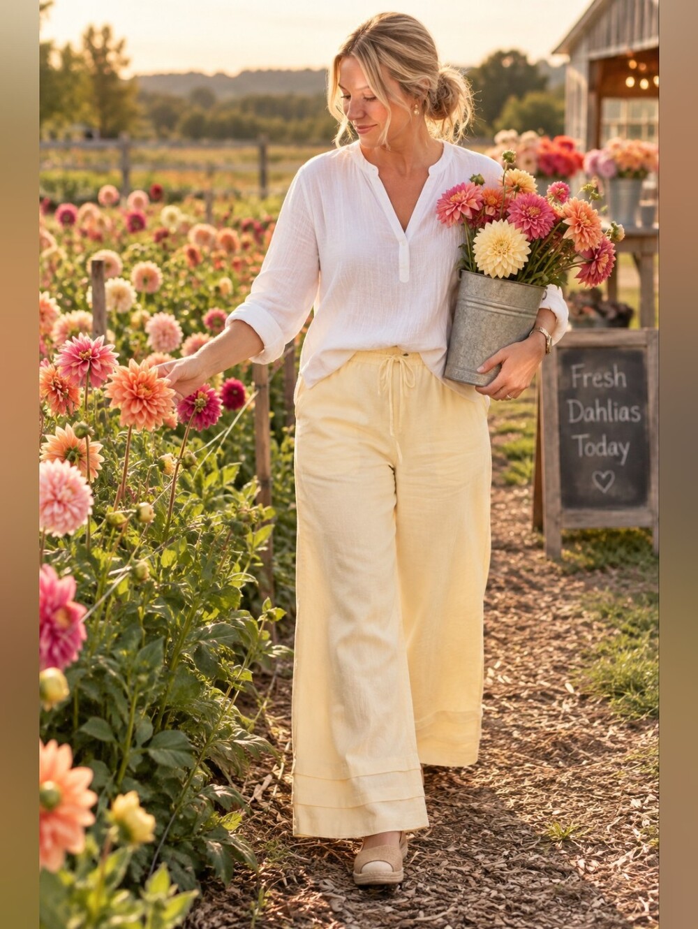 Light Yellow Linen/ Cotton Wide-Leg Drawstring Pants